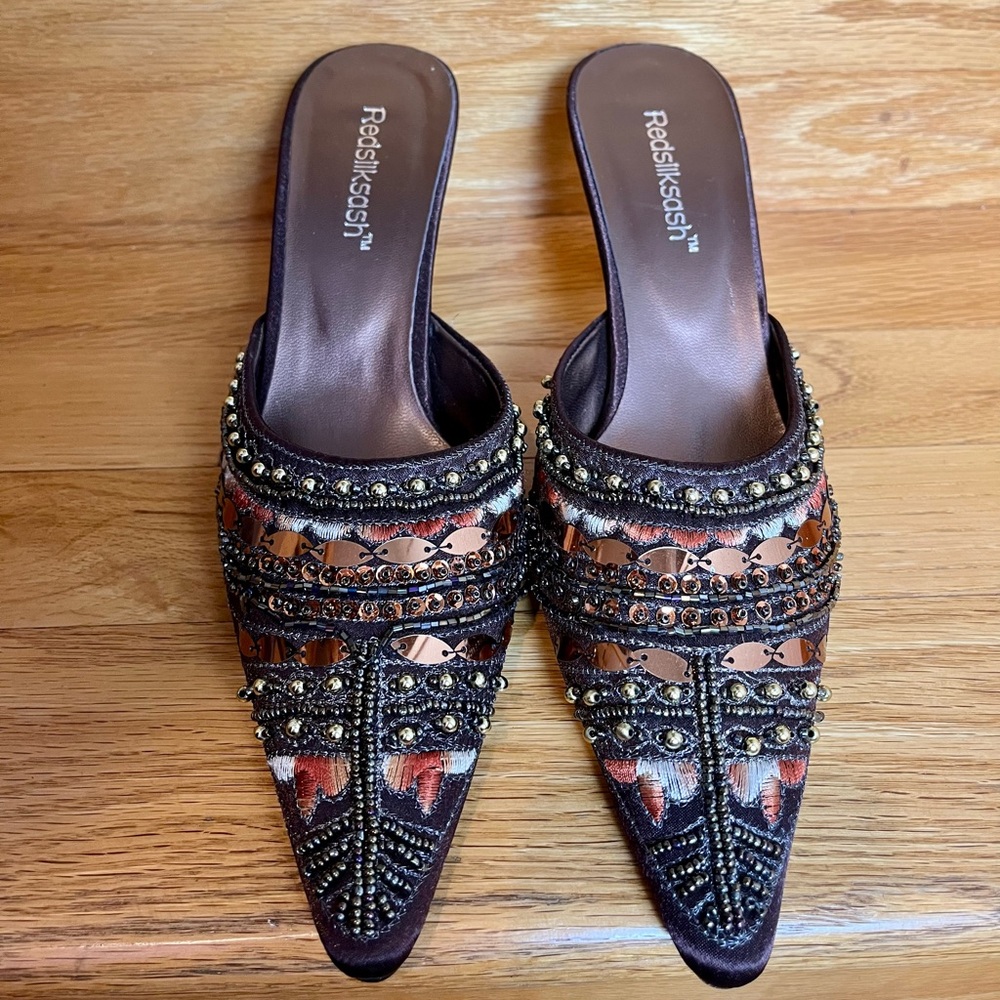 New Red Silk Sash Brown Pointed Heel with Beading